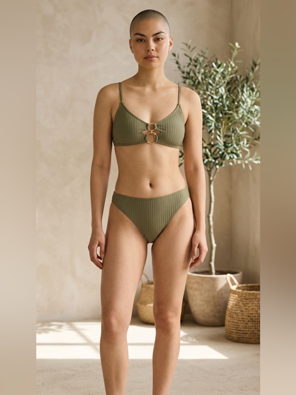 Salt + Cove Bikini Bottoms NWT | Sage Green Ribbed High‑Cut Swim | Size Small